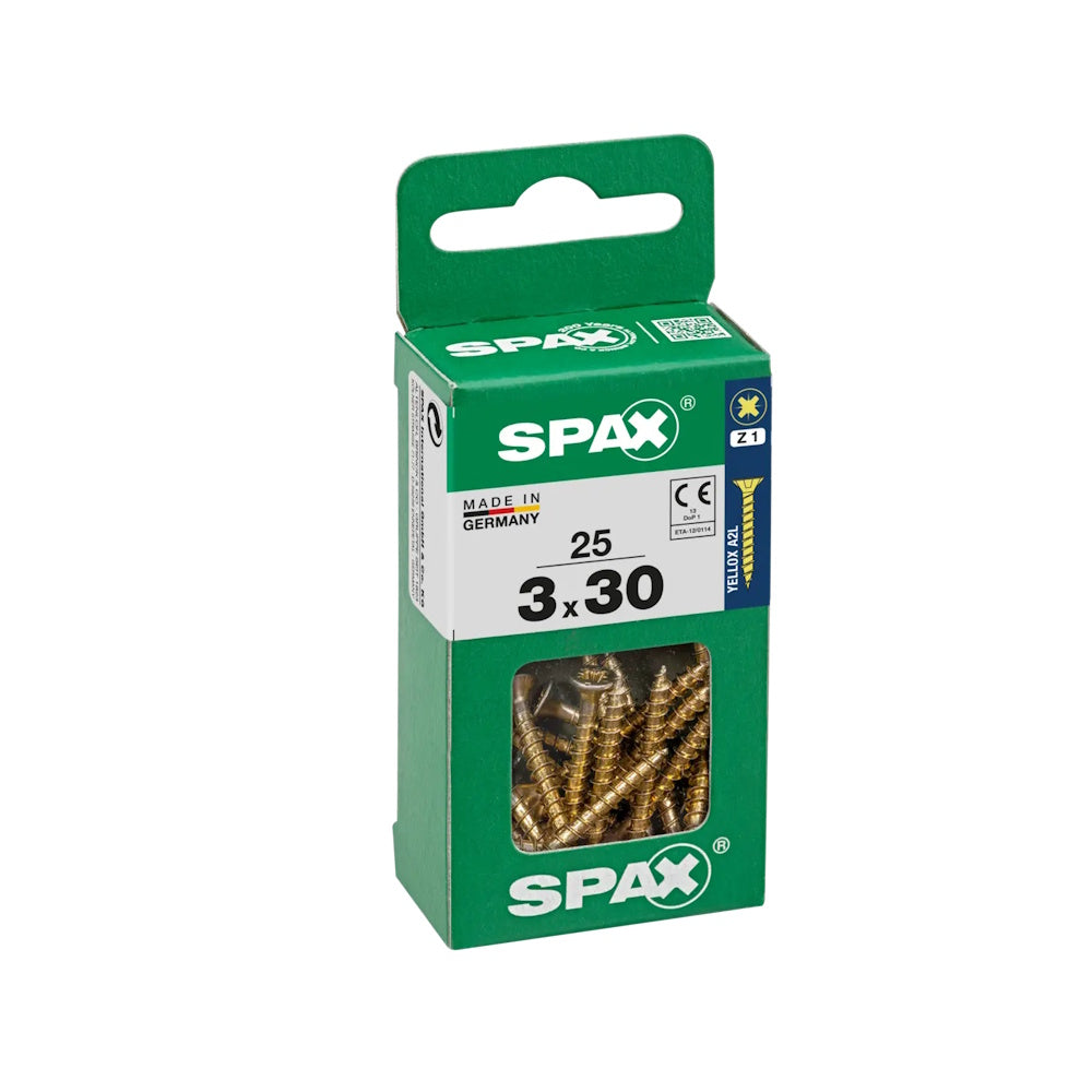 Spax Pozi Flat CSK Yellox Coated 3.0 x 30mm PZ1 - Pack of 25 - 4081020300301 Screws Spax UK Ltd (NMBS) CarlR Collections_Other Screws Collections_Screws / Nails Collections_Woodscrews DIY Expert DIY Other Screws Product Type_Screws Screws Screws & Nails spax Woodscrews