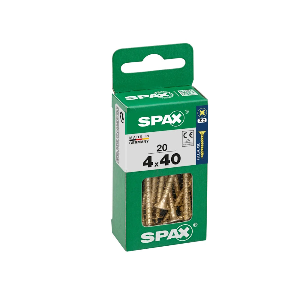 SPAX Pozi Flat CSK Yellox Coated Screws – 4.0 x 40mm, PZ2 (Pack of 20) - 4081020400401 Screws Spax UK Ltd (NMBS) CarlR Collections_Other Screws Collections_Screws / Nails Collections_Woodscrews DIY Expert DIY Other Screws Product Type_Screws Screws Screws & Nails spax Woodscrews