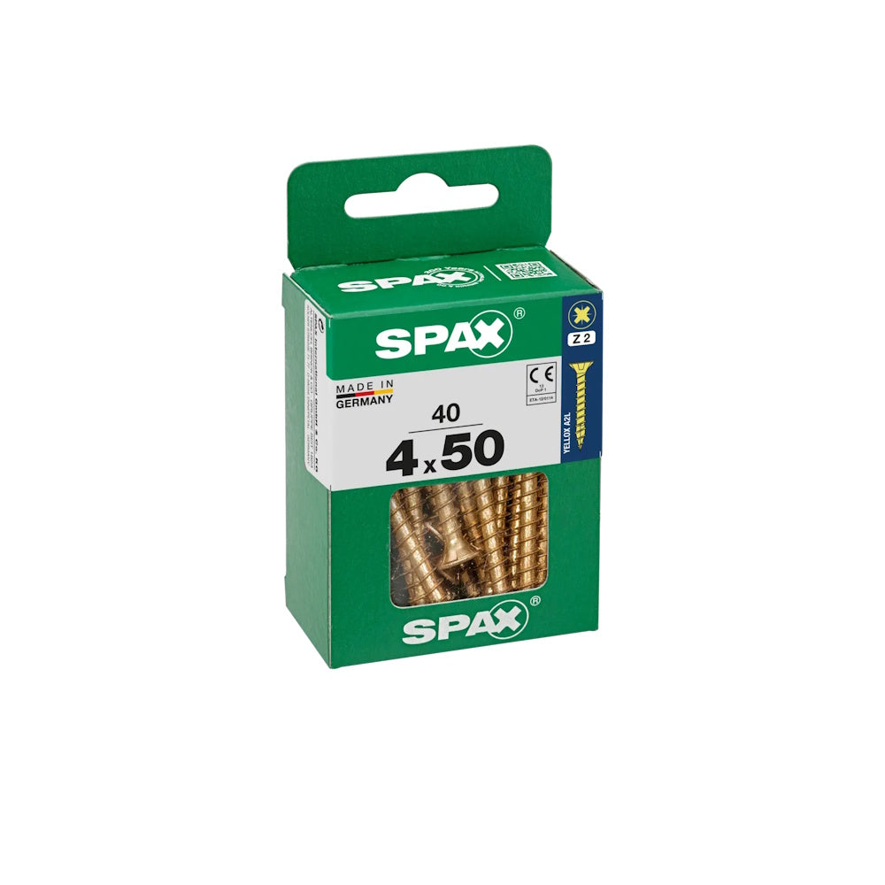 SPAX Pozi Flat CSK Yellox Coated Screws – 4.0 x 50mm, PZ2 - 4081020400502 - Pack of 40 Screws Spax UK Ltd (NMBS) CarlR Collections_Other Screws Collections_Screws / Nails Collections_Woodscrews DIY Expert DIY Other Screws Product Type_Screws Screws Screws & Nails spax Woodscrews