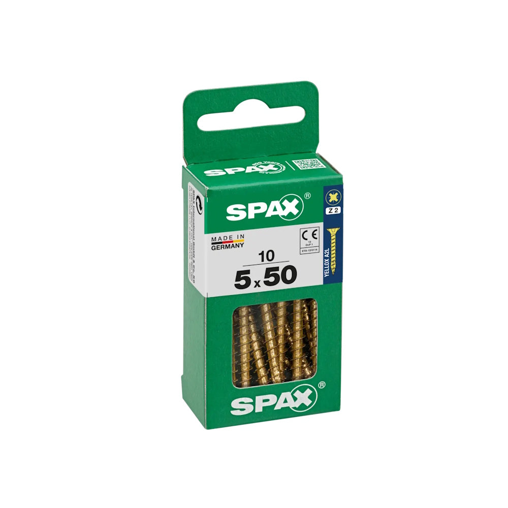 SPAX Pozi Flat CSK Yellox Coated Screws – 5.0 x 50mm, PZ2 - 4081020500501 - Pack of 10 Screws Spax UK Ltd (NMBS) CarlR Collections_Other Screws Collections_Woodscrews DIY Expert DIY Other Screws Product Type_Screws Screws Screws & Nails spax Woodscrews