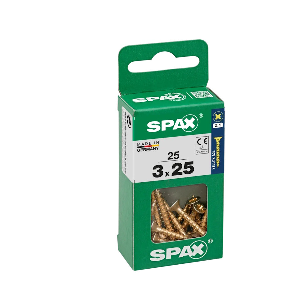 Spax Pozi Flat CSK Yellox Coated 3.0 x 25mm PZ1 - Pack of 25 - 4081020300251 Screws Spax UK Ltd (NMBS) CarlR Collections_Other Screws Collections_Screws / Nails Collections_Woodscrews DIY Expert DIY Other Screws Product Type_Screws Screws Screws & Nails spax Woodscrews