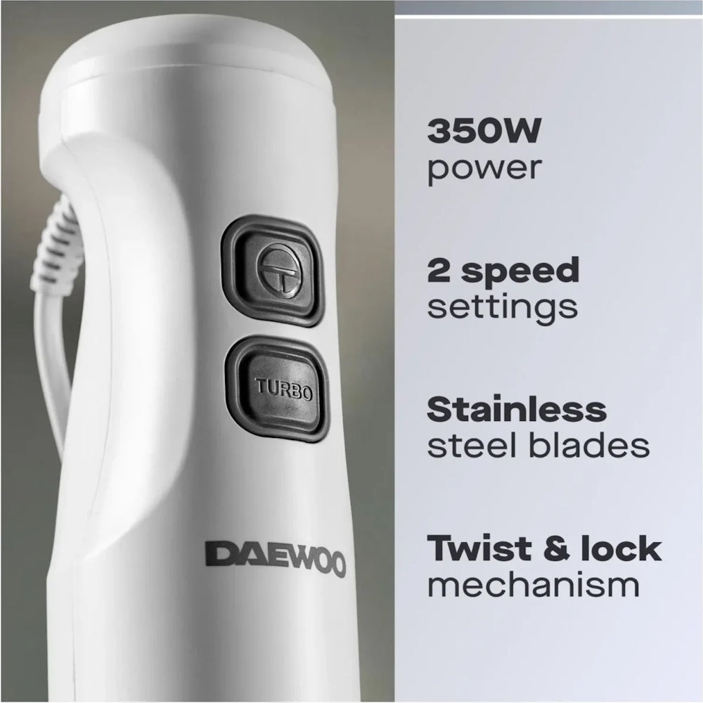 Daewoo Hand Blender 350W - SDA2869 Hand / Stick Blenders Eurosonic Group Limited (AIS) Brand_Daewoo CarlR Daewoo Hand & Table Blenders Kitchen Kitchen Appliances Kitchen Equipment Kitchen Tools & Utensils Kitchenware Product Type_Hand / Stick Blenders
