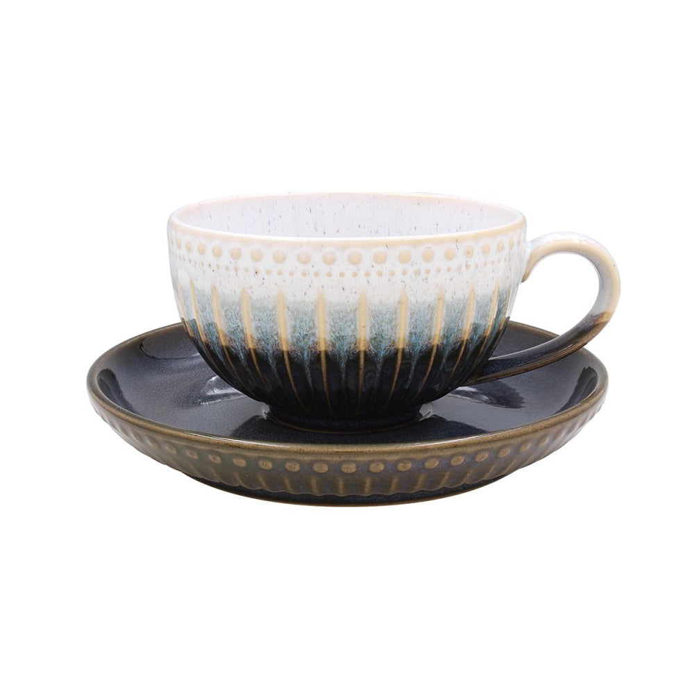 Lesser & Pavey Reactive Glaze Blue/Brown Cup & Saucer - LP74420 Cups & Saucers Lesser & Pavey Ltd Brand_Lesser and Pavey CarlR Collections_Mugs Cups and Saucers Collections_Tableware Dining & Tableware Kitchen & Dining Lesser & Pavey Mugs Cups & Saucers Product Type_Cups & Saucers Product Type_Picnic Dining Product Type_Sundry Tableware Sundry Tableware Tableware