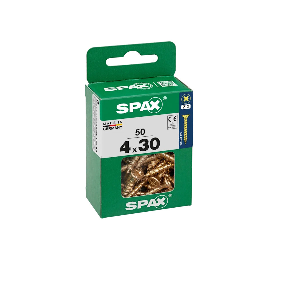 SPAX Pozi Flat CSK Yellox Coated Screws – 4.0 x 30mm, PZ2 (Pack of 50) - 4081020400302 Screws Spax UK Ltd (NMBS) CarlR Collections_Other Screws Collections_Screws / Nails Collections_Woodscrews DIY Expert DIY Other Screws Product Type_Screws Screws Screws & Nails spax Woodscrews
