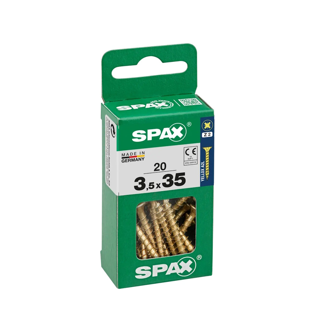SPAX Pozi Flat CSK Yellox Coated Screws – 3.5 x 35mm, PZ2 (Pack of 20) - 4081020350351 Screws Spax UK Ltd (NMBS) CarlR Collections_Other Screws Collections_Screws / Nails Collections_Woodscrews DIY Expert DIY Other Screws Product Type_Screws Screws Screws & Nails spax Woodscrews