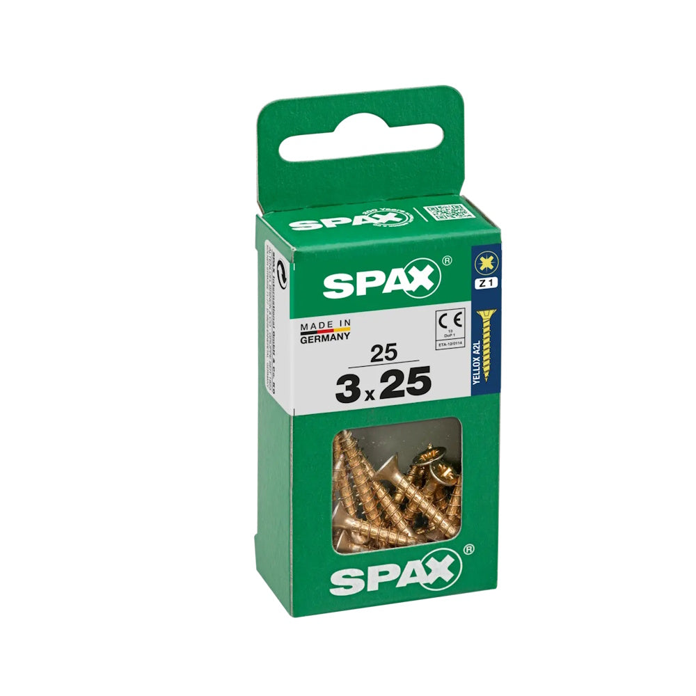 SPAX Pozi Flat CSK Yellox Coated Screws – 4.0 x 25mm, PZ2 (Pack of 25) - 4081020300251 Screws Spax UK Ltd (NMBS) CarlR Collections_Other Screws Collections_Screws / Nails Collections_Woodscrews DIY Expert DIY Other Screws Product Type_Screws Screws Screws & Nails Woodscrews