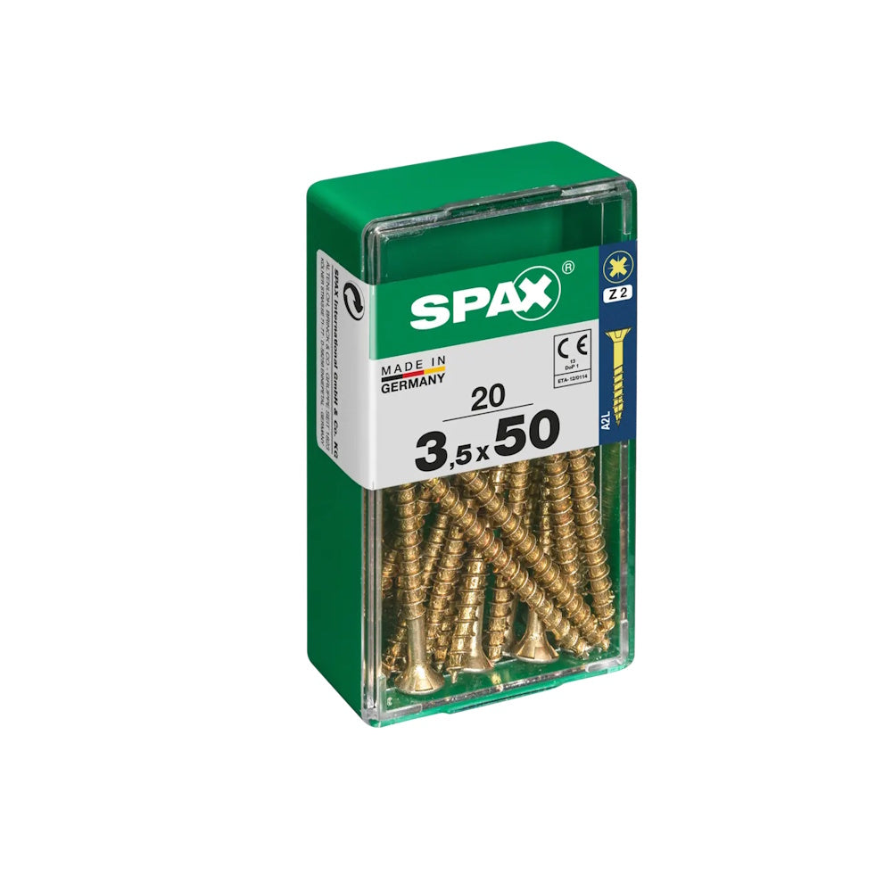 SPAX Pozi Flat CSK Yellox Coated Screws – 3.5 x 50mm, PZ2 (Pack of 20) - 4081020350501 Screws Spax UK Ltd (NMBS) CarlR Collections_Other Screws Collections_Screws / Nails Collections_Woodscrews DIY Expert DIY Other Screws Product Type_Screws Screws Screws & Nails spax Woodscrews