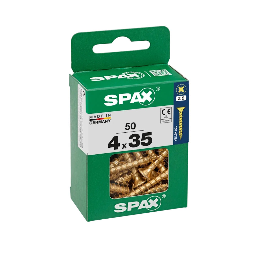 SPAX Pozi Flat CSK Yellox Coated Screws – 4.0 x 35mm, PZ2 (Pack of 50) - 4081020400352 Screws Spax UK Ltd (NMBS) CarlR Collections_Other Screws Collections_Screws / Nails Collections_Woodscrews DIY Expert DIY Other Screws Product Type_Screws Screws Screws & Nails spax Woodscrews