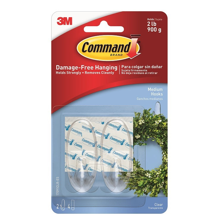 Command 17091CLR 2 Clear Medium Hooks with Clear Strips - Premium Adhesive Hooks from COMMAND - Just $4.4! Shop now at W Hurst & Son (IW) Ltd